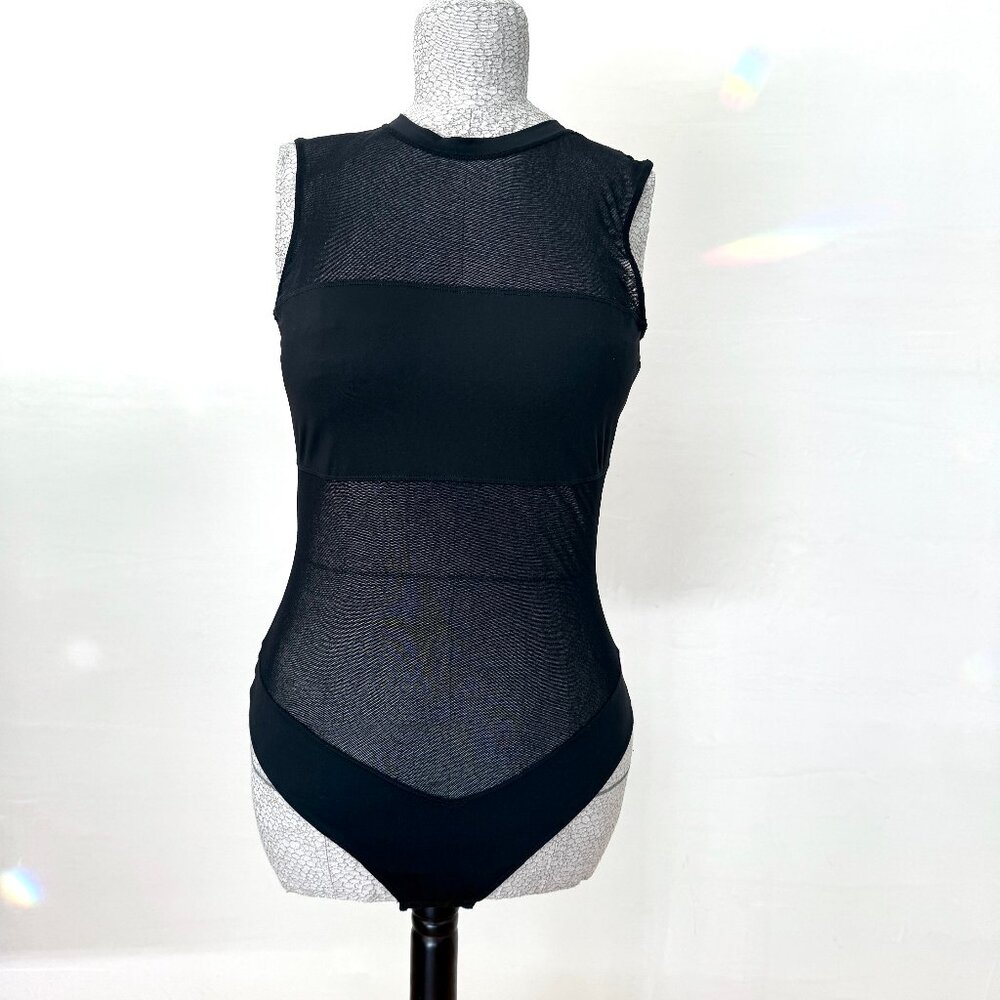 Black Mesh and stretch modal thong bodysuit with snaps, Size Medium